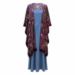 Floral Velvet Burnout Kimono Wrap Beaded Trim Aubergine Purple One Size